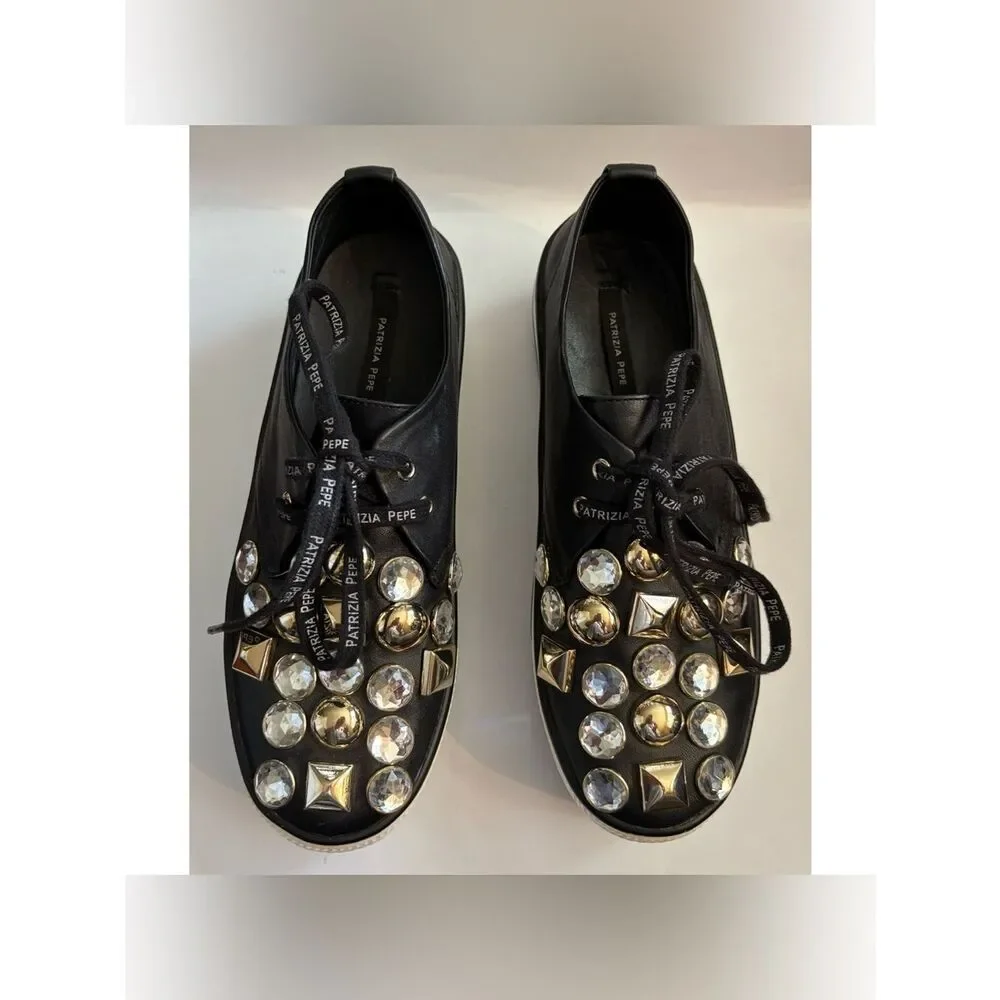 Patrizia Pepe Black Crystal & Gold-Stud Platform Sneakers Size 38